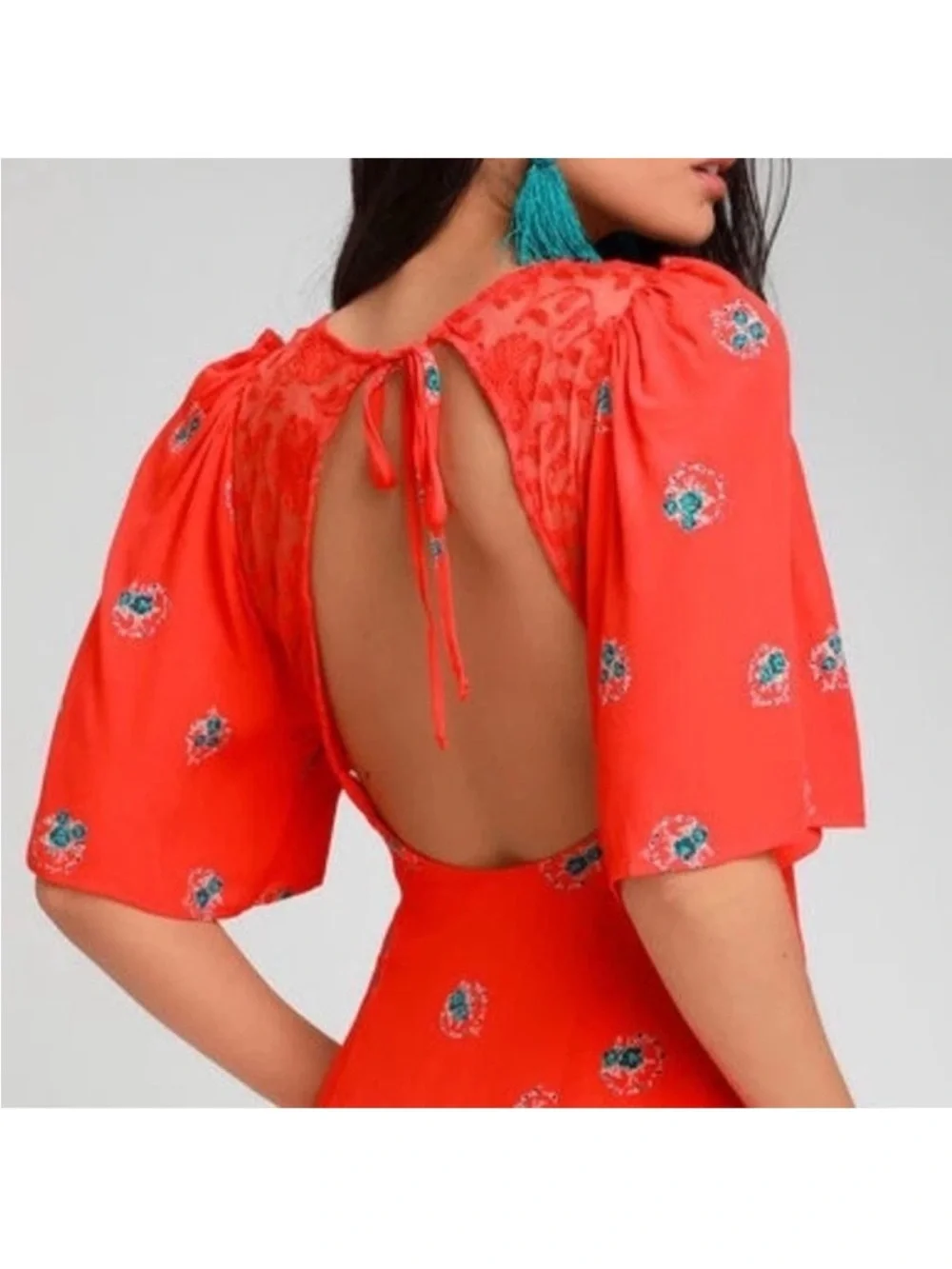 FREE PEOPLE Women Mocking Bird Backless Coral Red Lace Floral Mini Dress size 12 - Picture 3 of 15